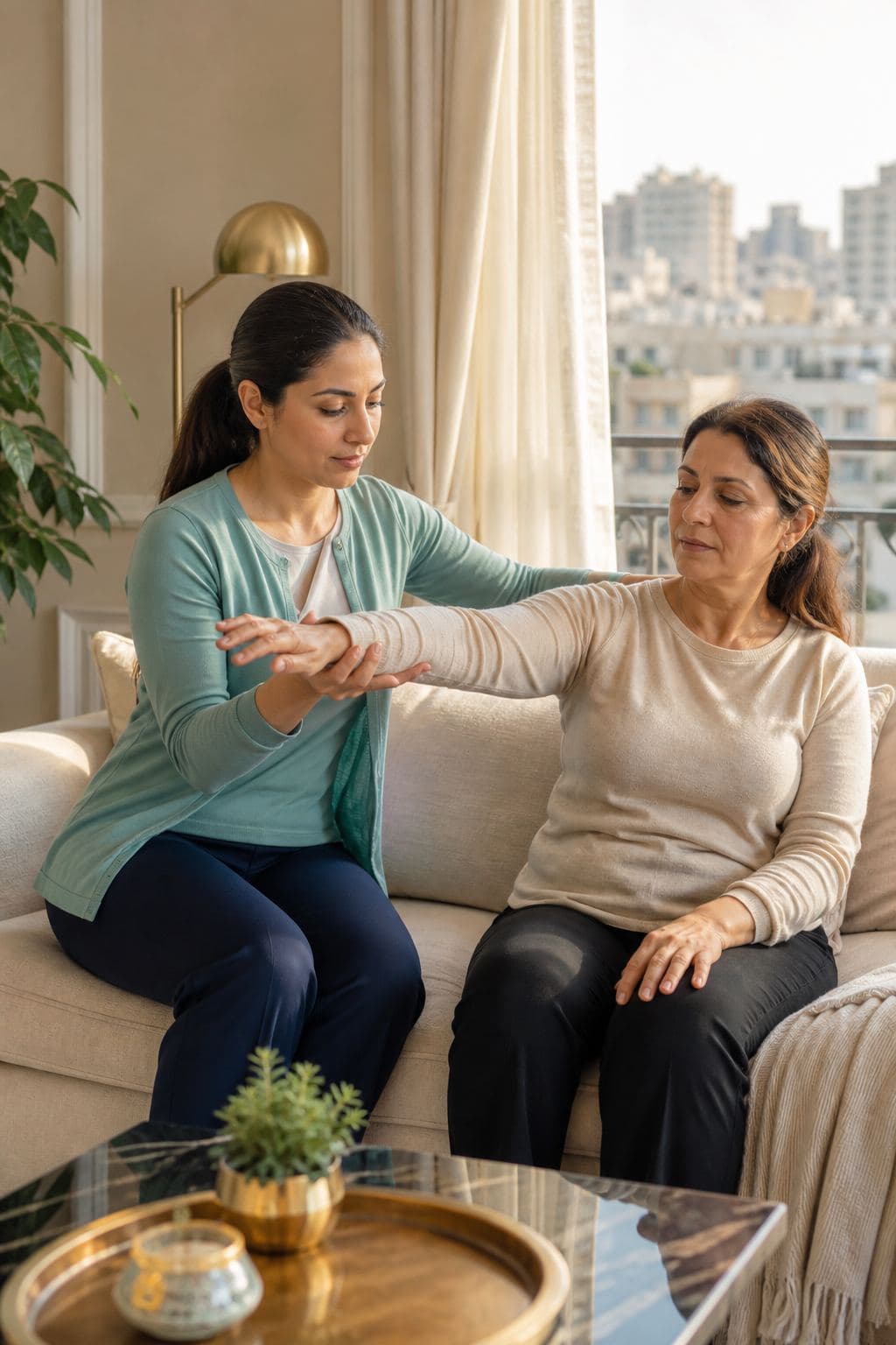 A physiotherapist guiding a patient through a mobility exercise in a home living room.